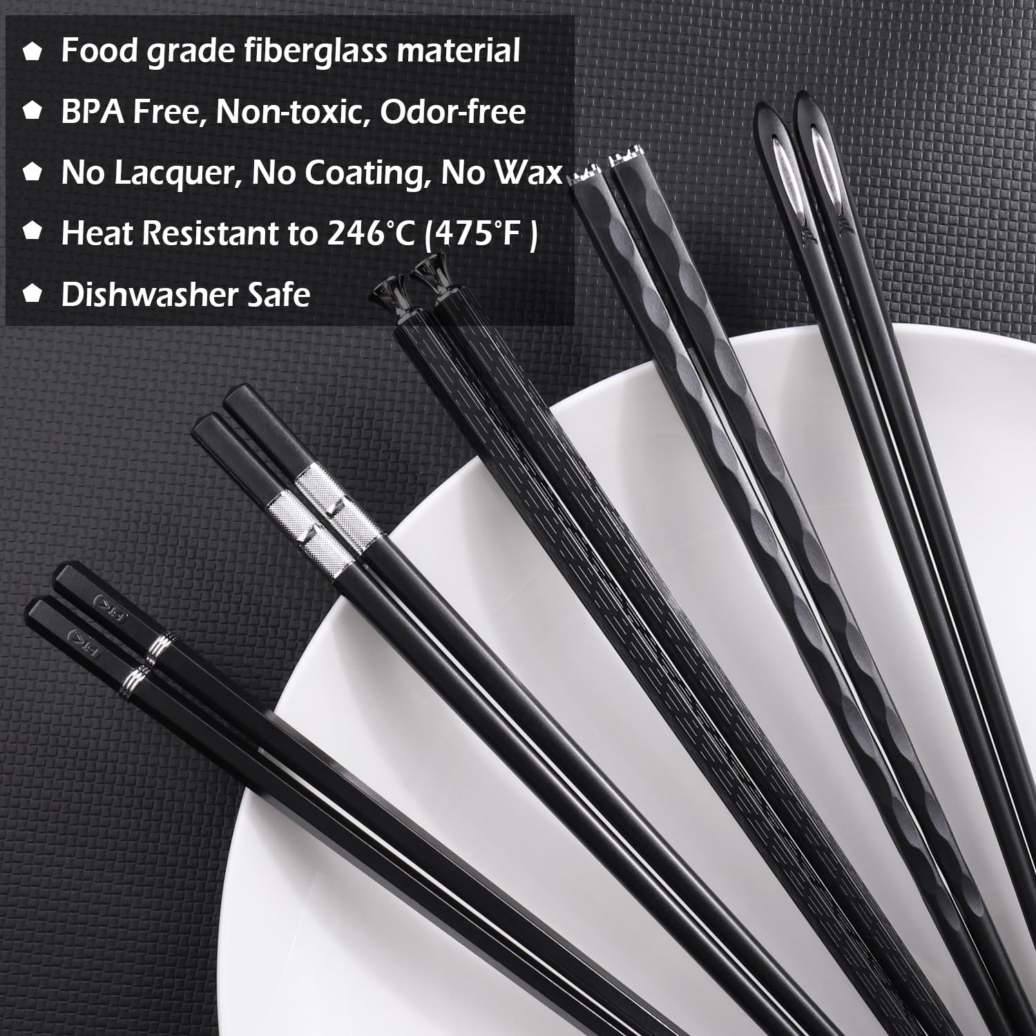 GLAMFIELDS 5 Pairs Premium Chopsticks Reusable Dishwasher Safe 9.5 Inch Fiberglass Chop Sticks Gift Set Non Slip Black + Silver