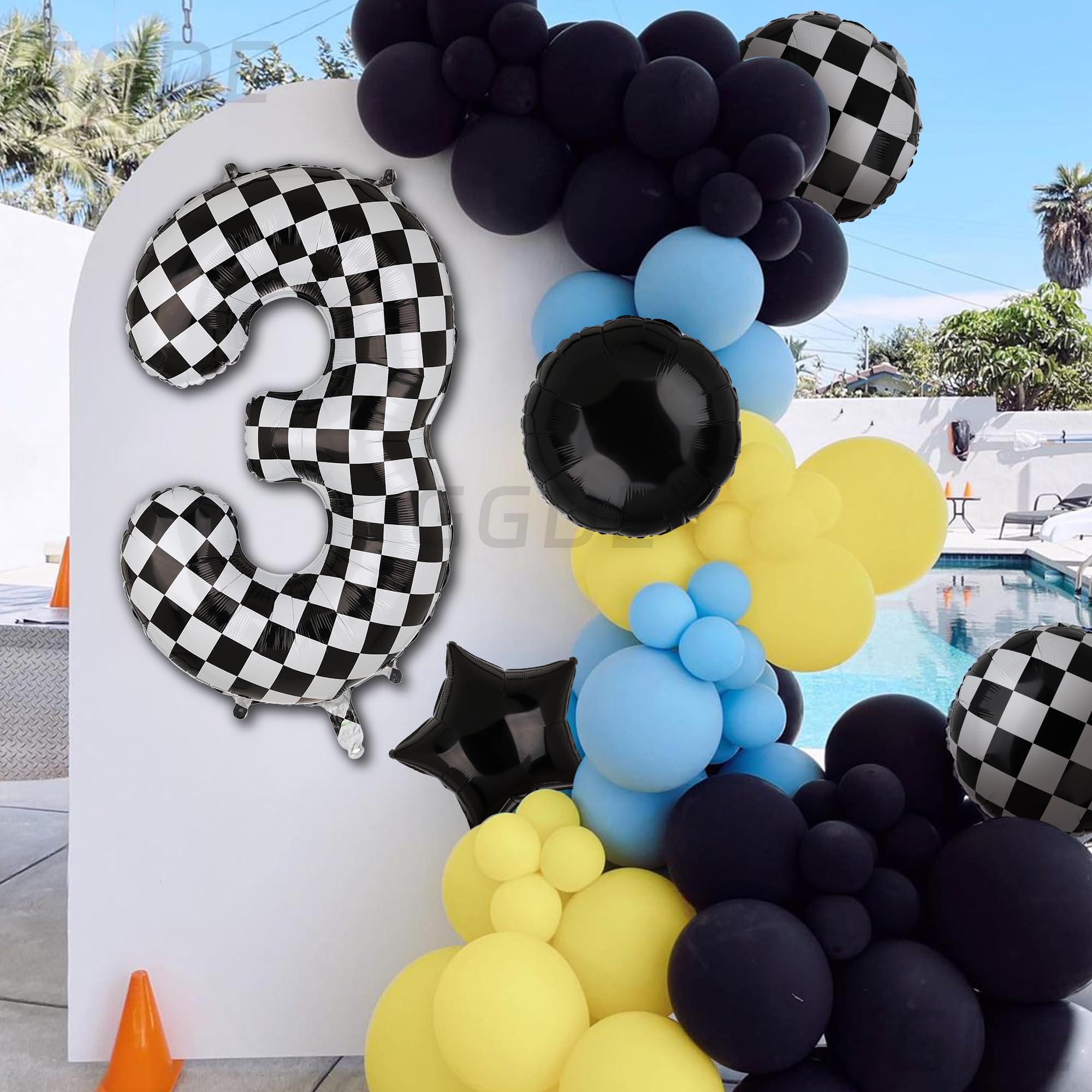 40 Inch Checkered Number Balloon 3 Black and White Race Car Birthday Balloons Baby Hippie Smile Party Shower Boys 3rd Birthday Race Car Theme Party Decor Supplies 5 Pcs