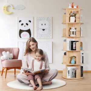 Rotating Bookshelf Tower, 5 Tiers 360 Spinning Bookshelf Revolving Bookcase Solid Wood Corner Bookshelf Organizer Display Bookshelf, 18" Wide, Natural