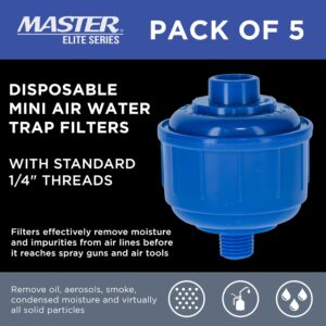 Master Elite Pack of 5 Disposable Mini Air Water Trap Filters with Standard 1/4" Threads - Effectively Removes Moisture Before it Reaches Spray Guns and Air Tools