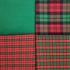 Set of 4 Fat Quarters, Christmas Red & Green Assorted Plaid Gingham Precut Fabric Homespun Cotton Bundle by JCS