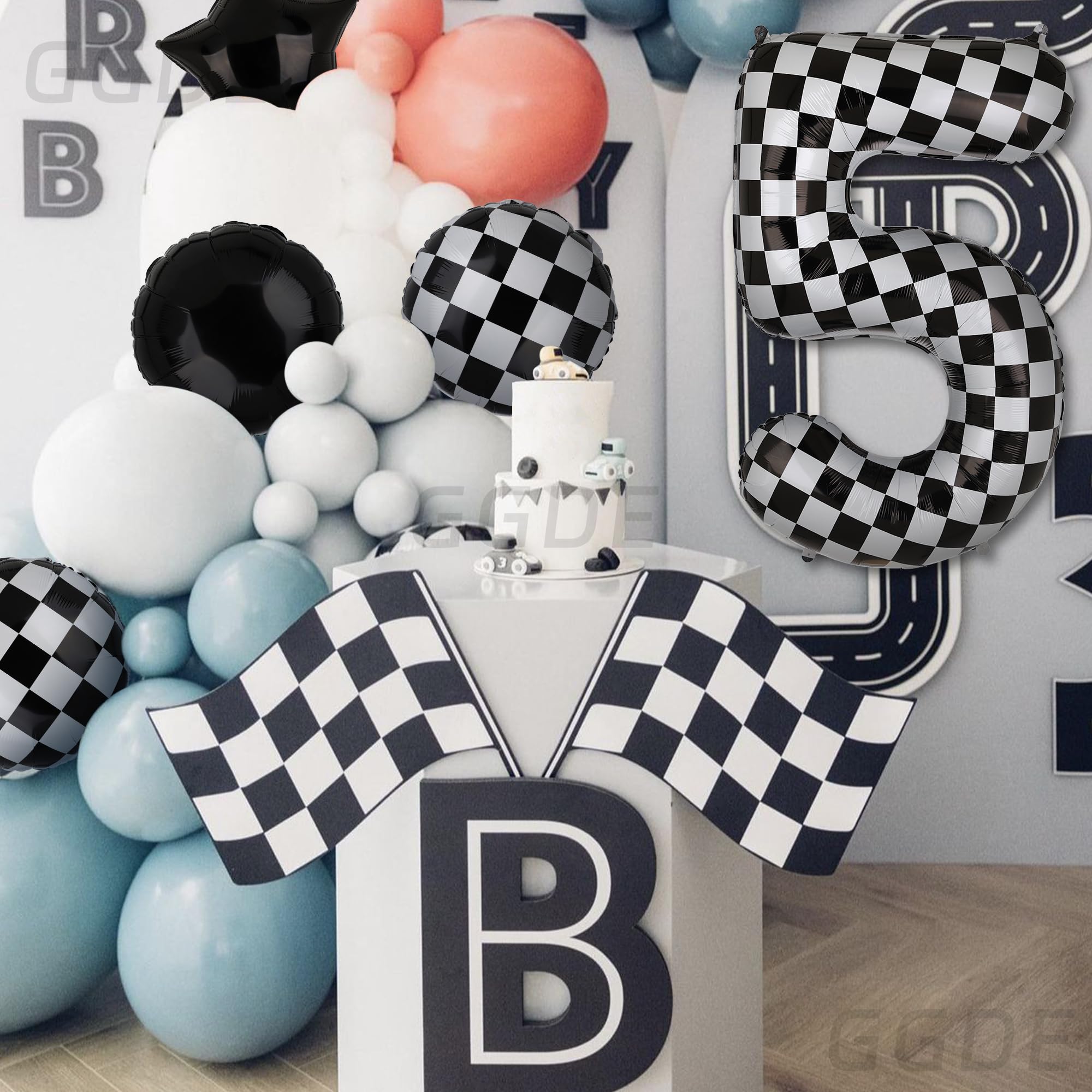 40 Inch Checkered Number Balloon 5 Black and White Race Car Birthday Balloons Baby Hippie Smile Party Shower Boys 5th Birthday Race Car Theme Party Decor Supplies 5 Pcs