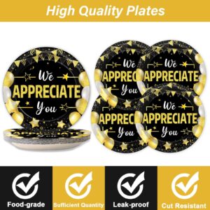 96Pcs We Appreciate You Party Plates and Napkins for Employee Staff Appreciation Black Gold Party Supplies Work Anniversary Themed Plate Thank You Tableware Set for Teacher 24 Guests Party Decorations