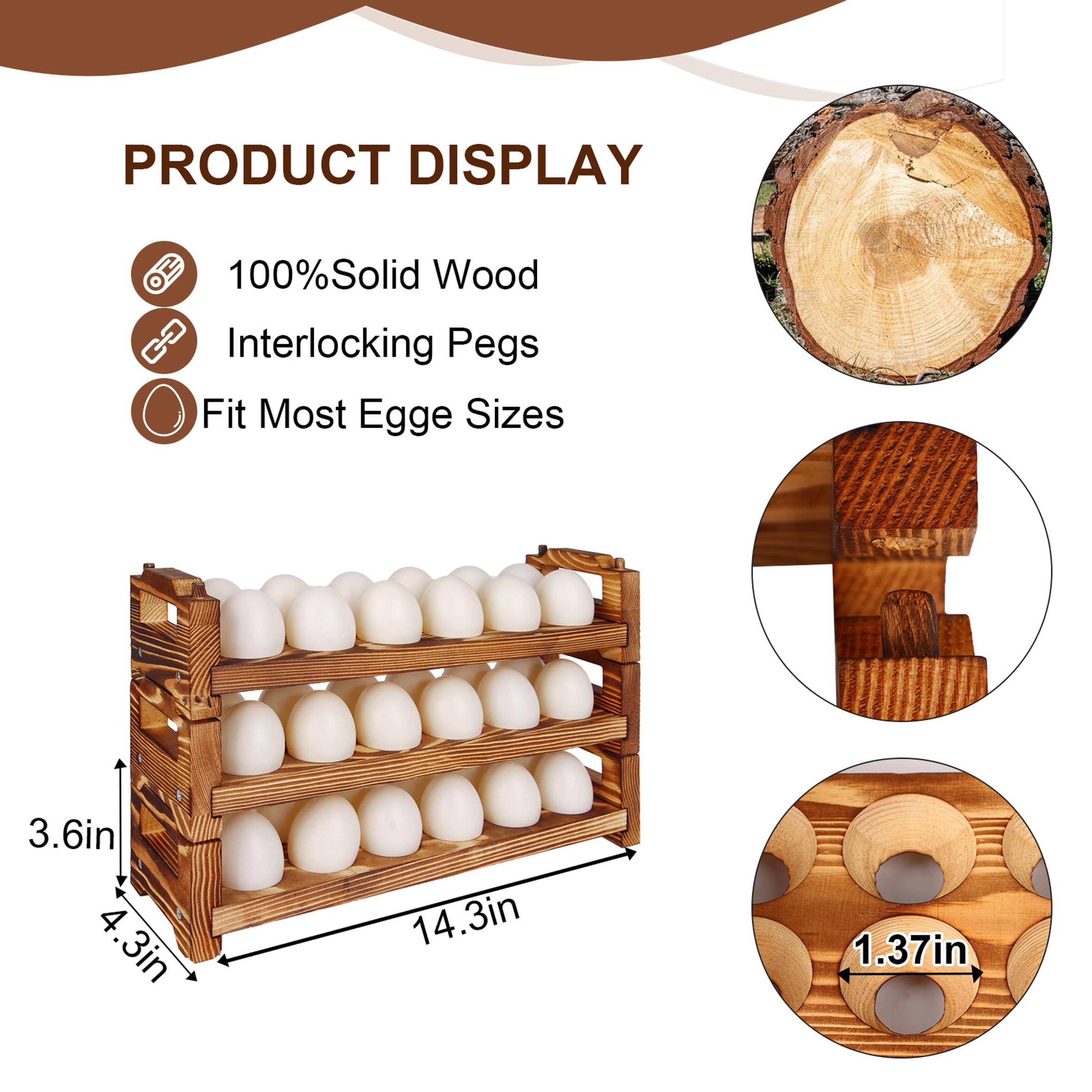 CVHOMEDECO. Wooden Egg Holder Fresh Egg Holders Countertop Firewood Egg Collecting Rack for Gathering Fresh eggs, Stackable with 36 eggs, Home Kitchen Organizer, Set of 3 PCS