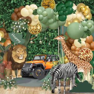 iLaFm 142pcs Safari Jungle Wild One Balloon Garland Arch Kit Sage Green and Brown Balloons with Animal Print Balloons Palm Leaves for Woodland Tropical Birthday Party Supplies Baby Shower Decorations