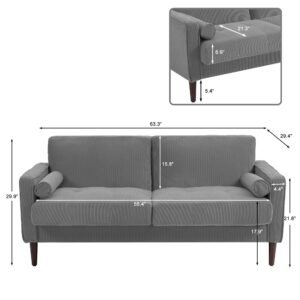 UIXE Loveseat Sofa, 63" Modern Love Seat Corduroy 2 Seater Couches w/Bolster Pillows for Living Room, Mid-Century Track Armrest Tufted Couch Comfy Solid Wood Furniture for Bedroom (Light Gray)