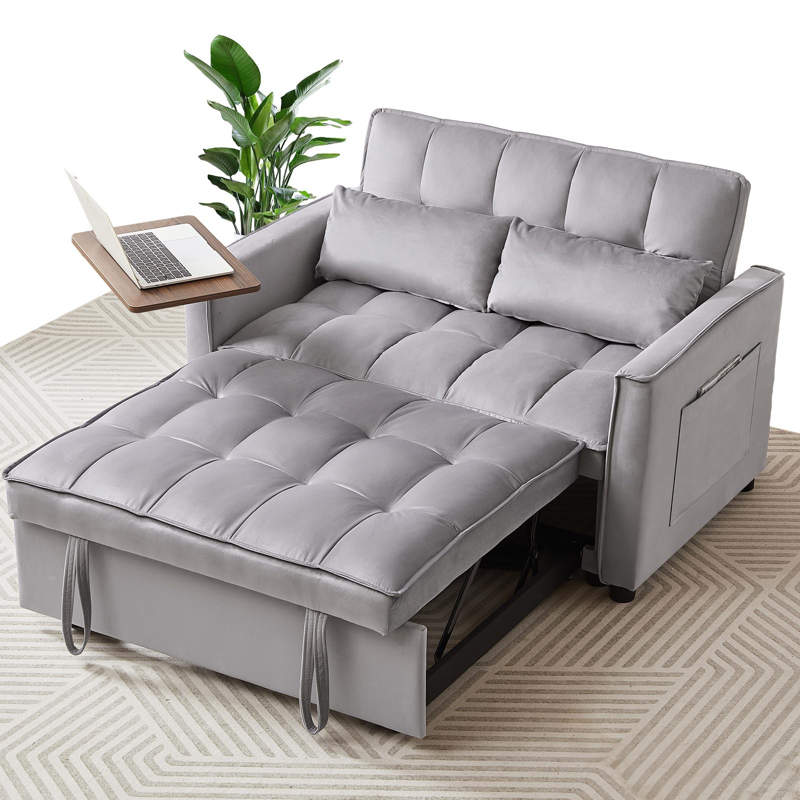 Rovibek 3 in 1 Sleeper Sofa Couch Bed Pull Out Sofa Bed Convertible Futon Loveseat Velvet 2 Seat Lounge Grey for Living Room, with Adjustable Backrest 2 Pillows Side Table