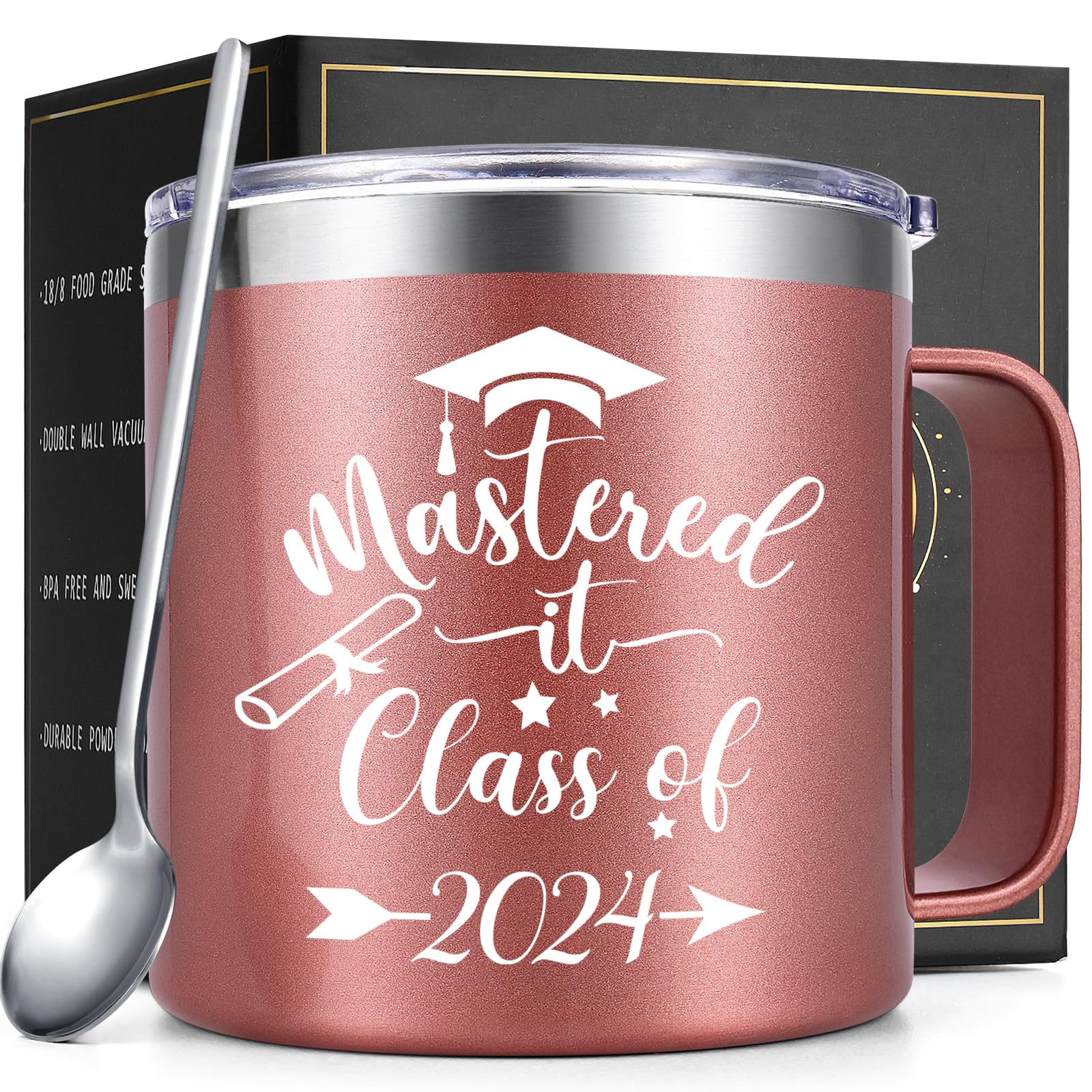 Lifecapido Graduation Gifts, 2024 High School College Masters Degree PHDGraduation Gifts for Her Daughter Niece Friends, Mastered It Class of 2024 Insulated Coffee Mug with Spoon (14 oz, Rose Gold)