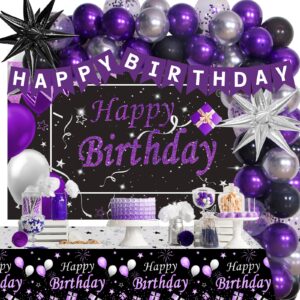 black purple birthday decorations for women girls men, purple and silver party decorations happy birthday backdrop banner confetti star silver black purple balloons arch tablecloth party supplies