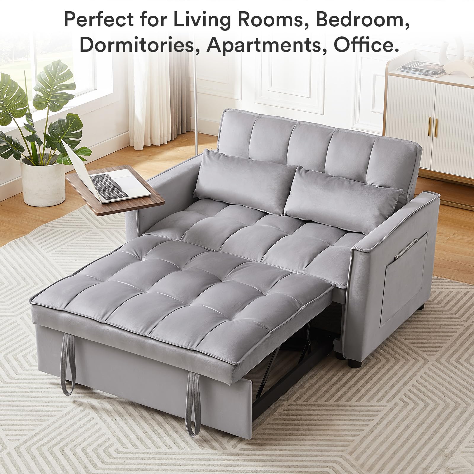 Rovibek 3 in 1 Sleeper Sofa Couch Bed Pull Out Sofa Bed Convertible Futon Loveseat Velvet 2 Seat Lounge Grey for Living Room, with Adjustable Backrest 2 Pillows Side Table