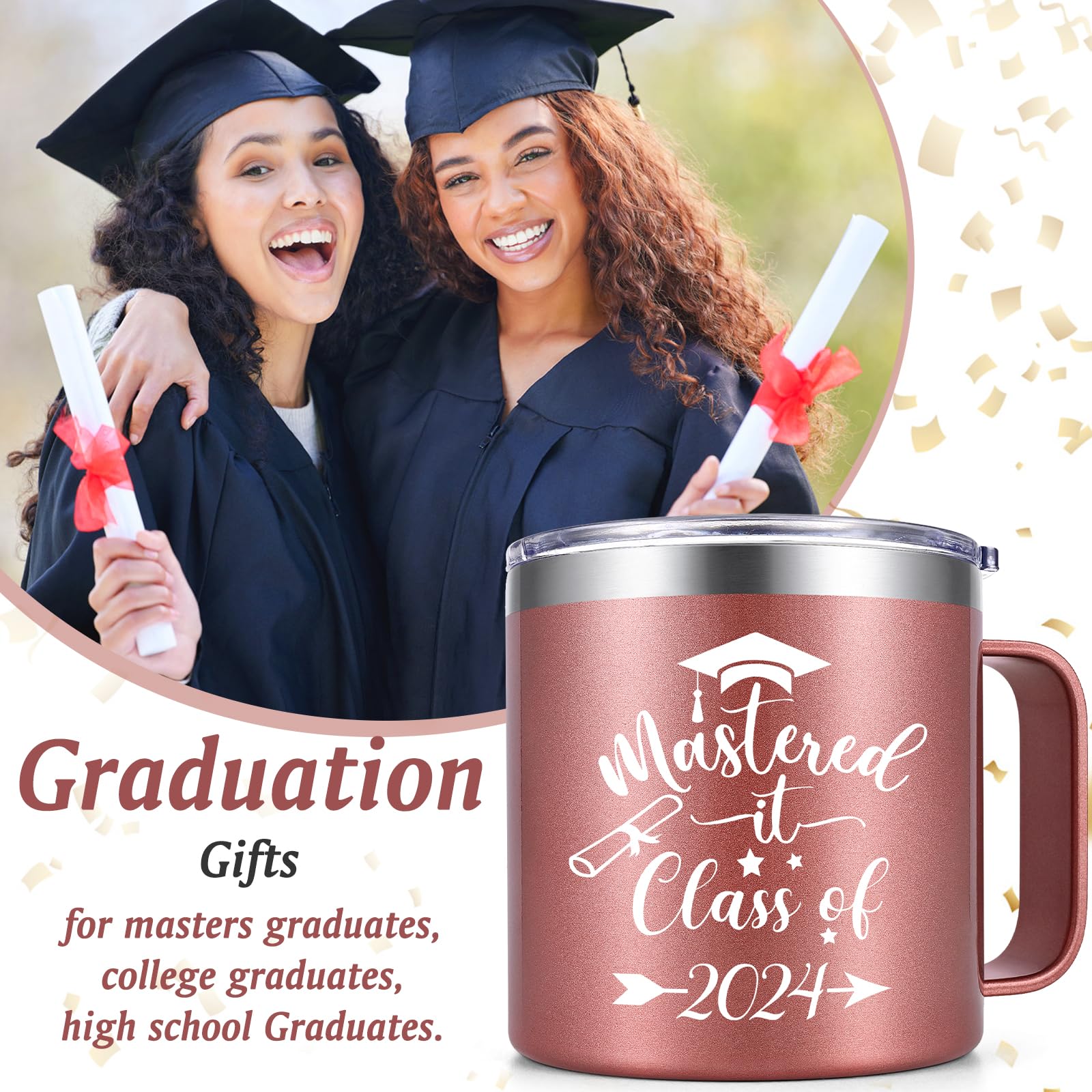 Lifecapido Graduation Gifts, 2024 High School College Masters Degree PHDGraduation Gifts for Her Daughter Niece Friends, Mastered It Class of 2024 Insulated Coffee Mug with Spoon (14 oz, Rose Gold)