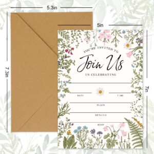 Whaline 25 Packs Vintage Floral Invitations with Envelopes and Stickers Retro Wildflower Invitation Cards Flower Blank Invites for Wedding Birthday Bridal Baby Shower Party, 5 x 7 Inch