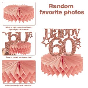 Guiruiy 8Pcs Happy 60th Birthday Decorations Honeycomb Centerpieces for Women, Pink Rose Gold Glitter Hello 60 Birthday Photo Table Centerpieces Party Supplies, Pink Sixty Bday Photo Table Topper