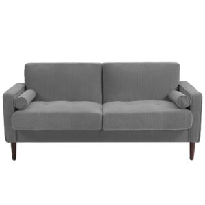 UIXE Loveseat Sofa, 63" Modern Love Seat Corduroy 2 Seater Couches w/Bolster Pillows for Living Room, Mid-Century Track Armrest Tufted Couch Comfy Solid Wood Furniture for Bedroom (Light Gray)