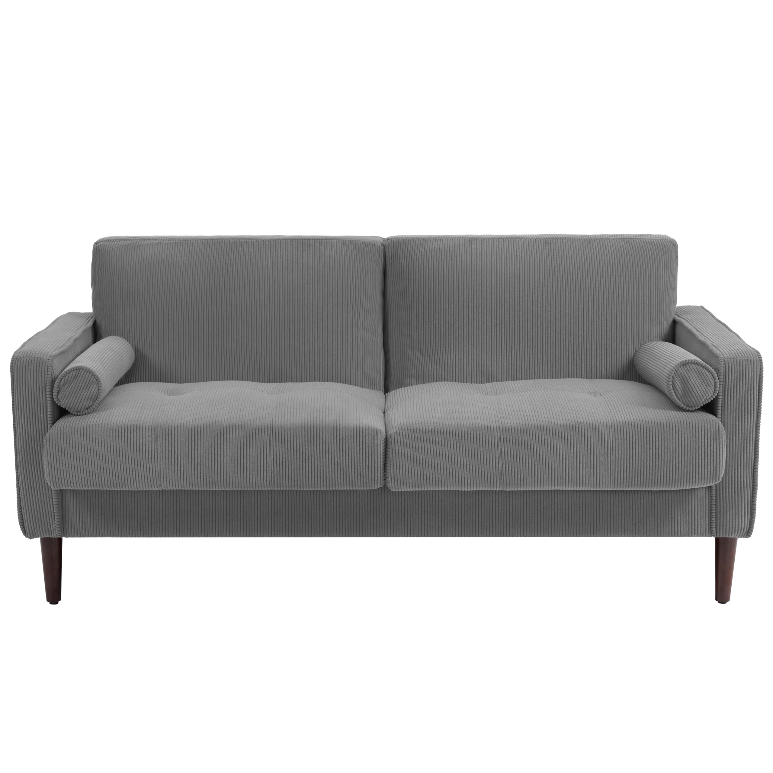 UIXE Loveseat Sofa, 63" Modern Love Seat Corduroy 2 Seater Couches w/Bolster Pillows for Living Room, Mid-Century Track Armrest Tufted Couch Comfy Solid Wood Furniture for Bedroom (Light Gray)