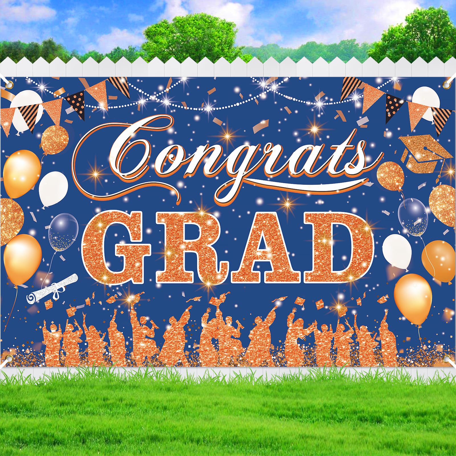 Blue Orange Graduation Decoration Banner, Blue Orange Congrats Grad Banner 2024 Blue Orange Graduation Party Banner for Class of 2024 High School College Graduation Party 70.8x43.3 inch