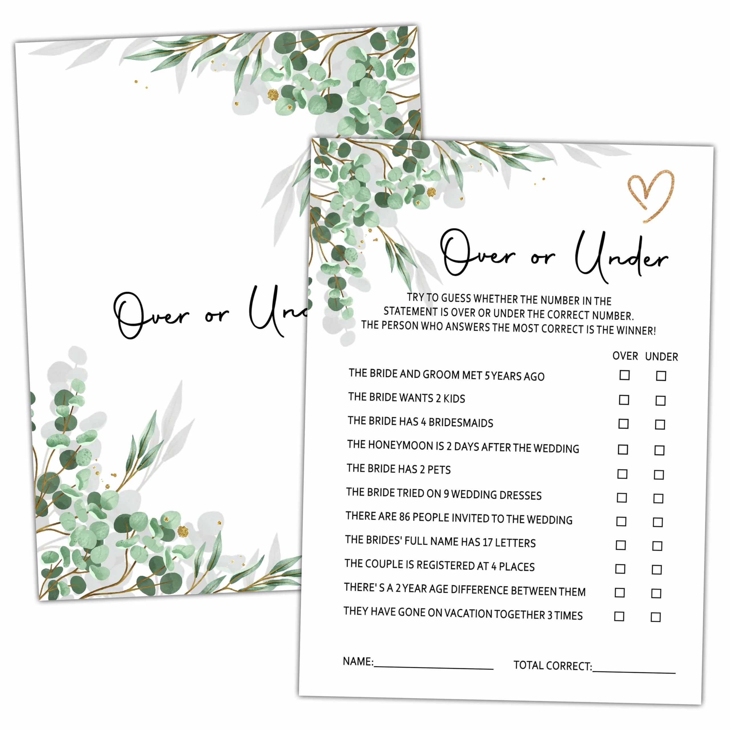 Bridal Shower Party Games, Over Or Under Minimalist Wedding Shower Game for Adults, 25 Eucalyptus Greenery Engagement Party Games Cards (5" X 7"), Bachelorette Party Supplies Decorations -02