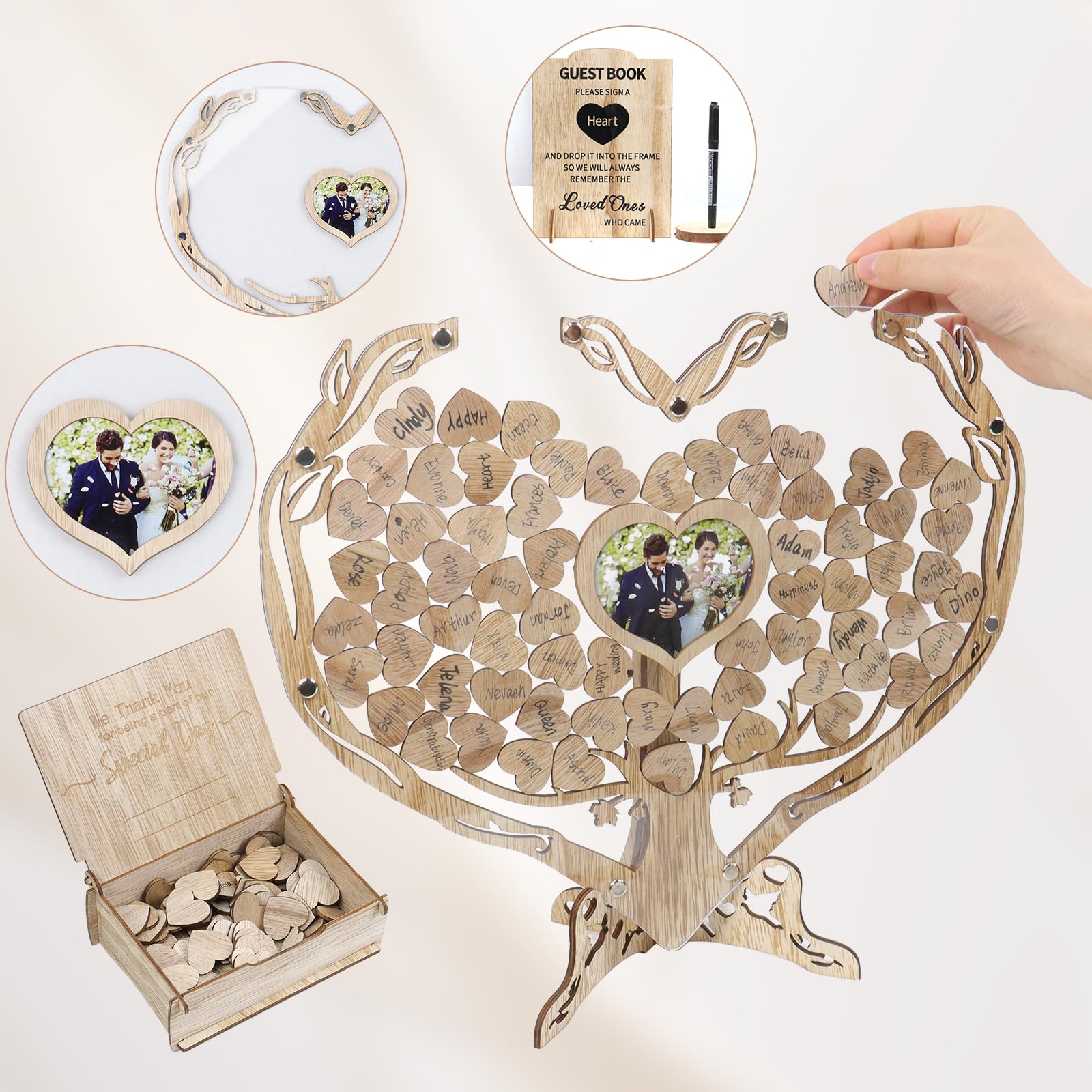 FORBFAN Wedding Guest Book Alternative, 100 Pcs Wooden Heart Drop Box Guest Book with Photo Frame, Guest Book Wedding Reception