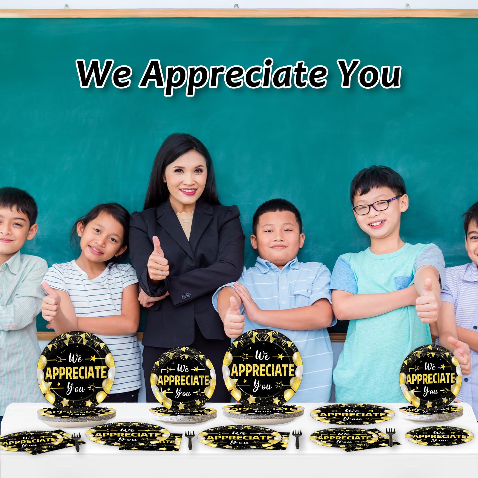 96Pcs We Appreciate You Party Plates and Napkins for Employee Staff Appreciation Black Gold Party Supplies Work Anniversary Themed Plate Thank You Tableware Set for Teacher 24 Guests Party Decorations