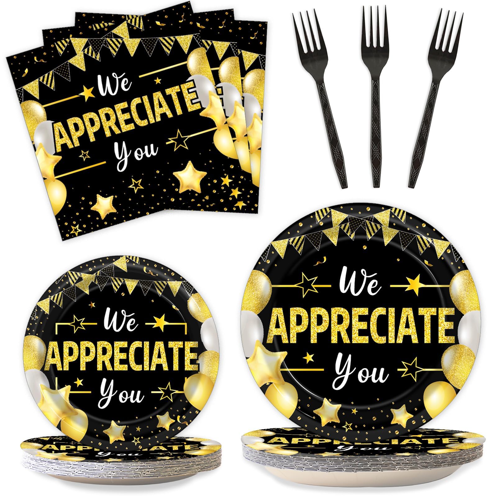 96Pcs We Appreciate You Party Plates and Napkins for Employee Staff Appreciation Black Gold Party Supplies Work Anniversary Themed Plate Thank You Tableware Set for Teacher 24 Guests Party Decorations