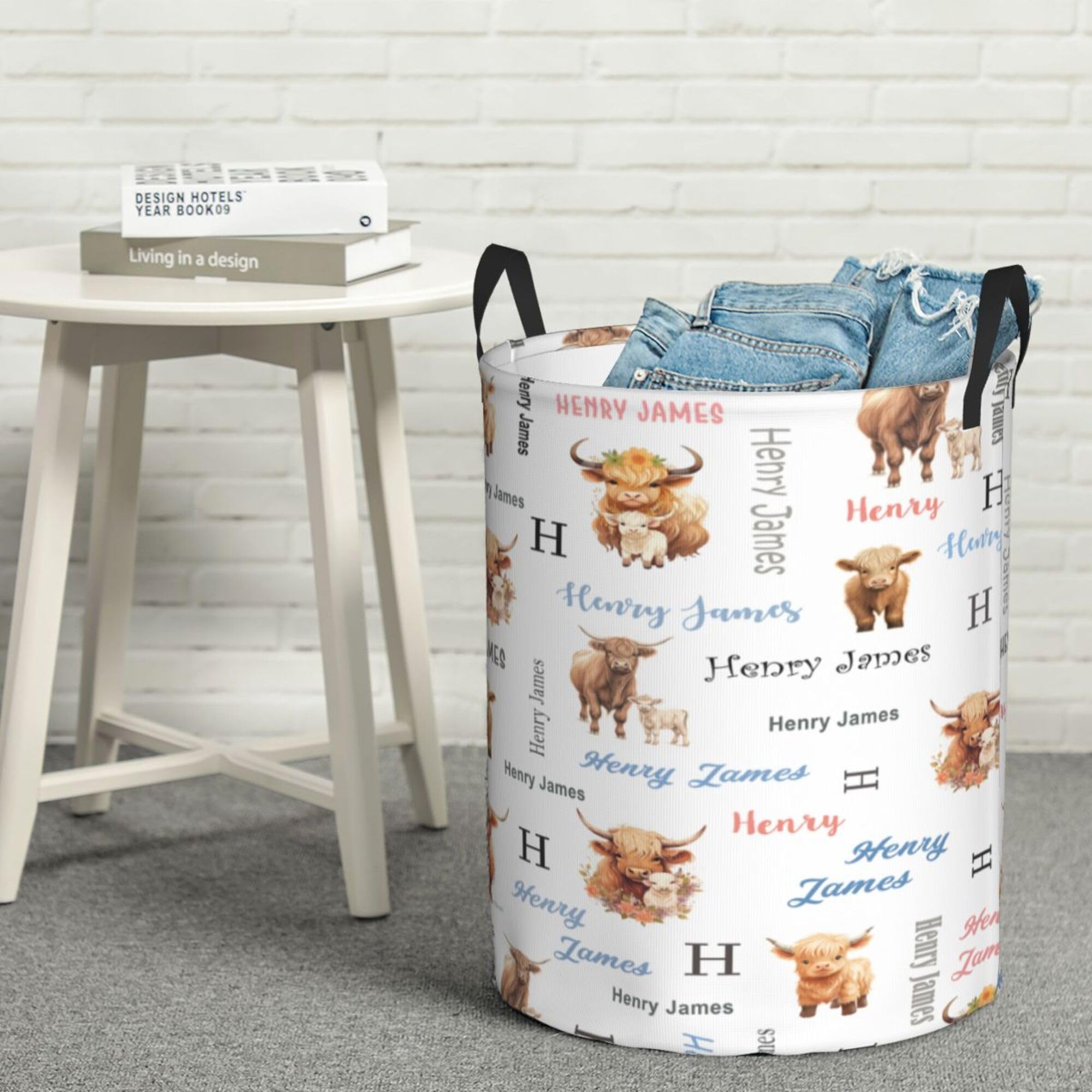 Highland Cow Baby Hamper for Nursery Girl Personalized Baby Hamper Boy with Name Round Bin with Handles Kids Collapsible Storage Organizer Basket Custom Nursery Hampers Home Decor