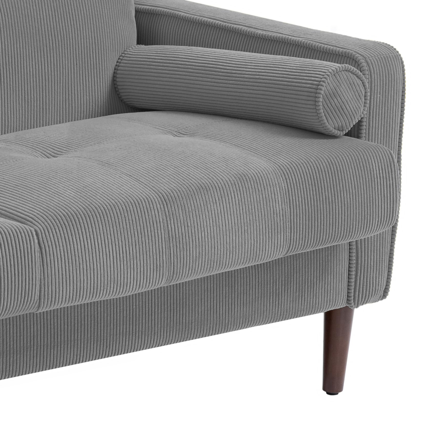 UIXE Loveseat Sofa, 63" Modern Love Seat Corduroy 2 Seater Couches w/Bolster Pillows for Living Room, Mid-Century Track Armrest Tufted Couch Comfy Solid Wood Furniture for Bedroom (Light Gray)