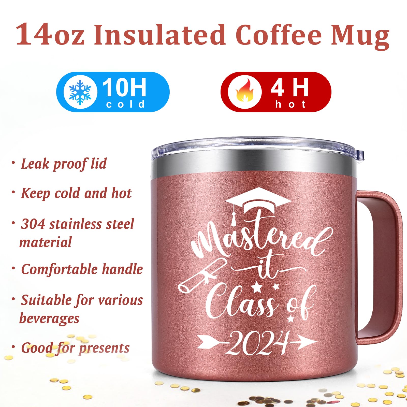 Lifecapido Graduation Gifts, 2024 High School College Masters Degree PHDGraduation Gifts for Her Daughter Niece Friends, Mastered It Class of 2024 Insulated Coffee Mug with Spoon (14 oz, Rose Gold)