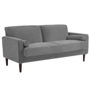 UIXE Loveseat Sofa, 63" Modern Love Seat Corduroy 2 Seater Couches w/Bolster Pillows for Living Room, Mid-Century Track Armrest Tufted Couch Comfy Solid Wood Furniture for Bedroom (Light Gray)