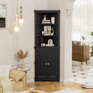 flamaker corner cabinet, freestanding corner shelf with 2 doors and 3 shelves, bathroom corner storage cabinet for bathroom, living room, bedroom or kitchen (black)