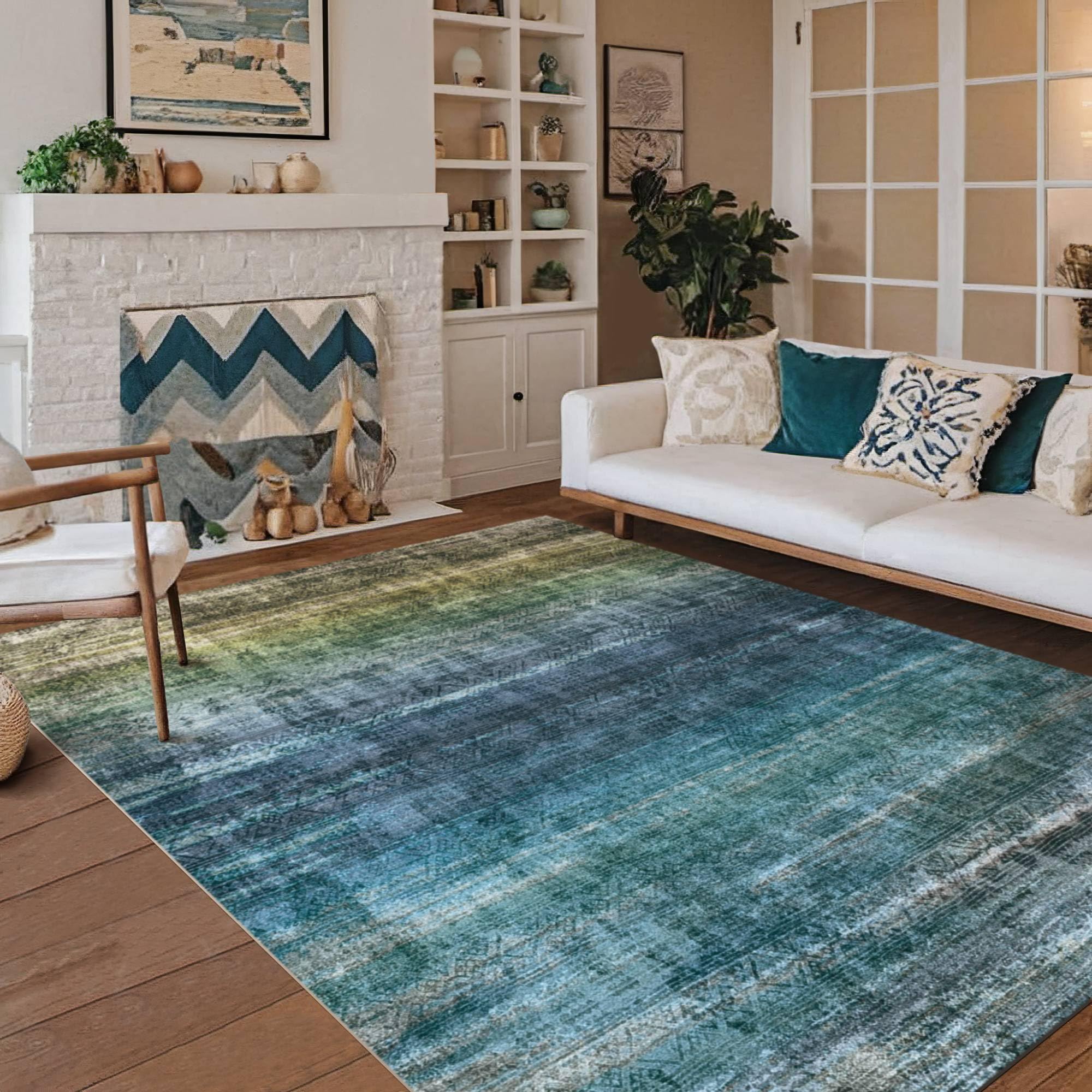 Kokia Abstract Area Rug Living Room 5x7 Colorful Washable Large Rug Bedroom Living Room Under Dining Table Soft Non Slip Stain Resistant Blue Carpet Room Decor, Oslo Teal