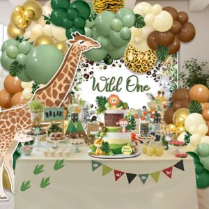 iLaFm 142pcs Safari Jungle Wild One Balloon Garland Arch Kit Sage Green and Brown Balloons with Animal Print Balloons Palm Leaves for Woodland Tropical Birthday Party Supplies Baby Shower Decorations