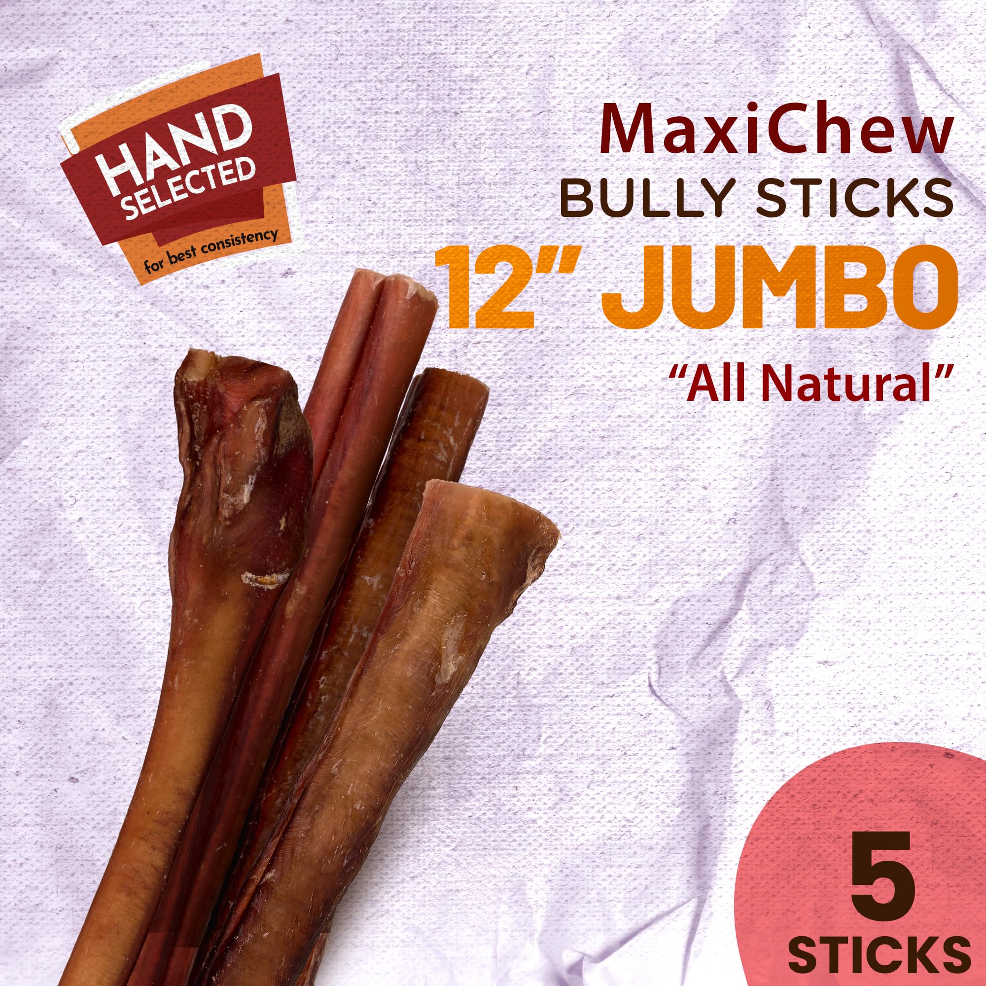 MaxiChew Odor-Free Bully Sticks Jumbo (12 Inch, 5 Pack), Non-GMO, Fully Digestible Beef Pizzle Chews, Grain-Free, Best Dental Treat, Natural Extra Long-Lasting Chews for Medium and Large Dogs