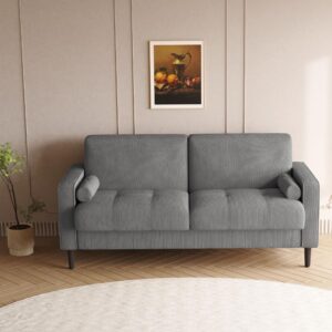 UIXE Loveseat Sofa, 63" Modern Love Seat Corduroy 2 Seater Couches w/Bolster Pillows for Living Room, Mid-Century Track Armrest Tufted Couch Comfy Solid Wood Furniture for Bedroom (Light Gray)