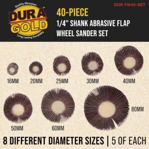 Dura-Gold 40-Piece 1/4" Shank Abrasive Flap Wheel Sander Set, 80 Grit Aluminum Oxide Sandpaper - 8 Cylindrical Diameter Sanding Wheel Sizes - Use Drills, Grinders to Sand Grind Strip Metal, Wood Paint