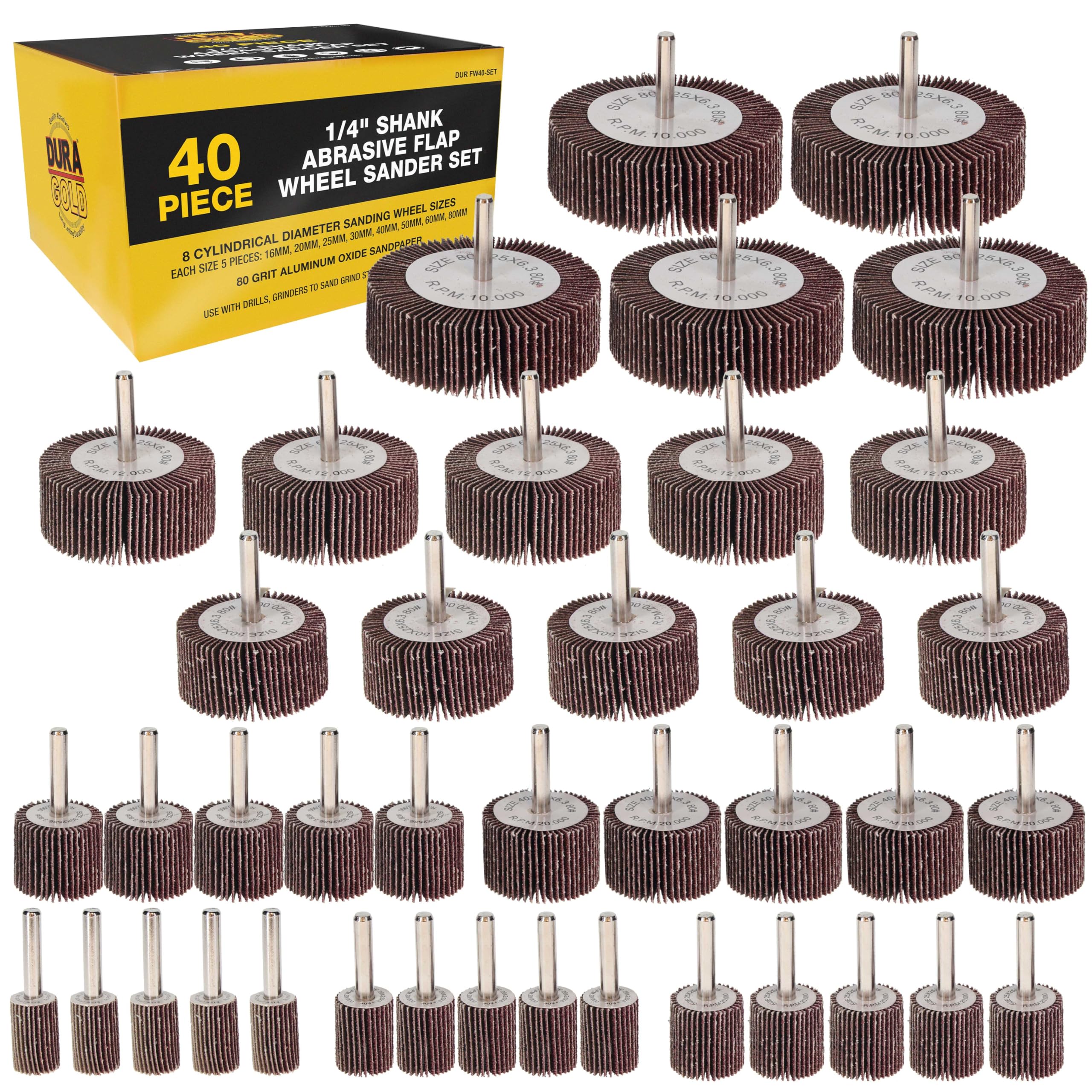 Dura-Gold 40-Piece 1/4" Shank Abrasive Flap Wheel Sander Set, 80 Grit Aluminum Oxide Sandpaper - 8 Cylindrical Diameter Sanding Wheel Sizes - Use Drills, Grinders to Sand Grind Strip Metal, Wood Paint