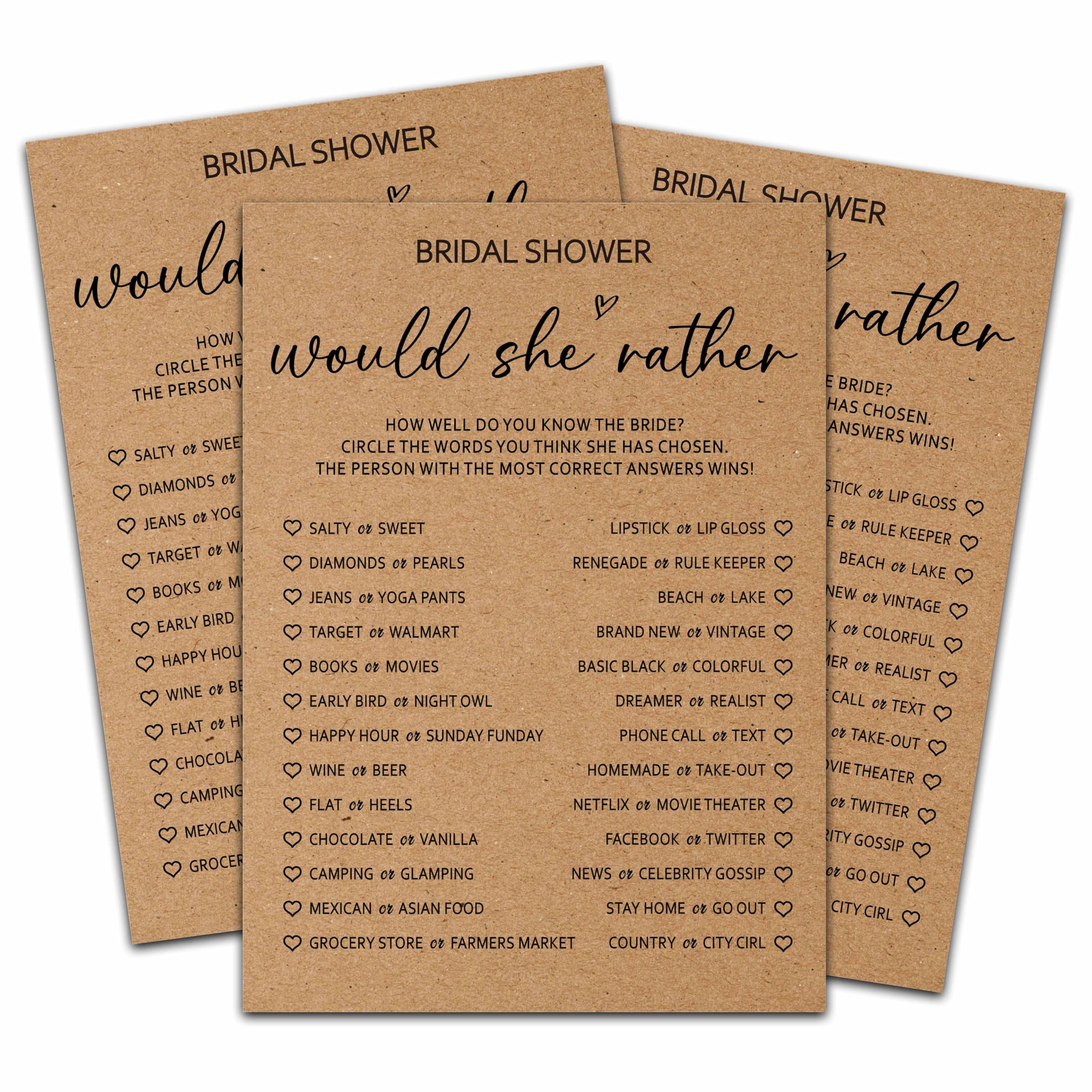 HEZNZXQ Rustic Kraft Wedding Games, Would She Rather Minimalist Bridal Shower Games, Engagement/Bachelorette Party Decorations, 5" x 7" Double-Sided Games Cards(25 Pack)-A03