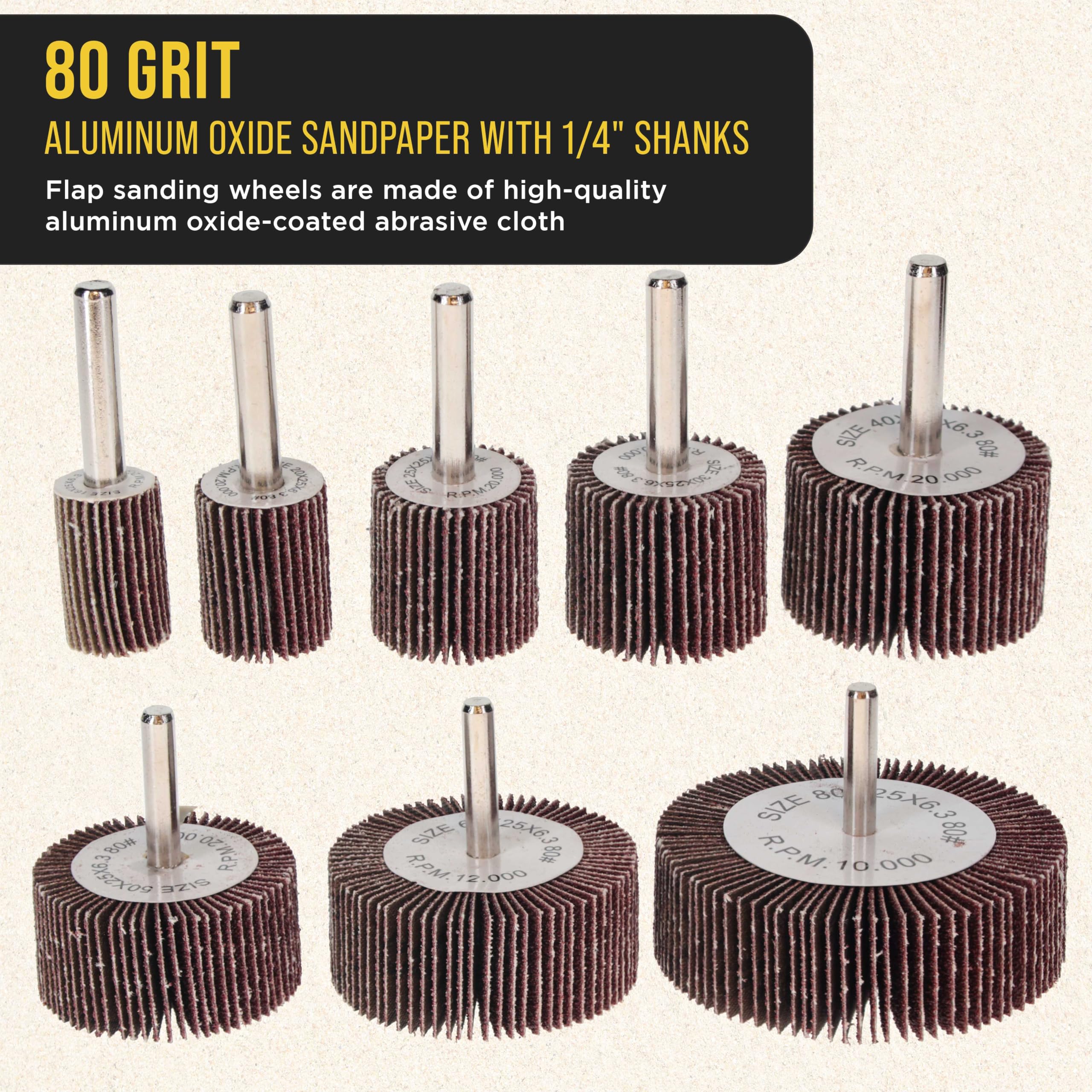 Dura-Gold 40-Piece 1/4" Shank Abrasive Flap Wheel Sander Set, 80 Grit Aluminum Oxide Sandpaper - 8 Cylindrical Diameter Sanding Wheel Sizes - Use Drills, Grinders to Sand Grind Strip Metal, Wood Paint