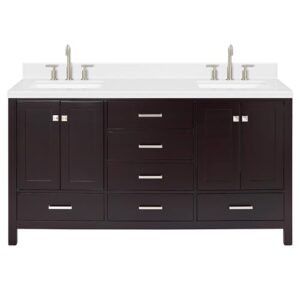 ariel cambridge 66" espresso double vanity, 1.5" edge carrara white quartz countertop & splash, rectangular sinks, 4 soft closing doors, 6 full extension dovetail drawers, brushed nickel