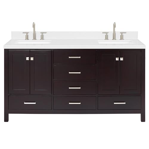 ARIEL Cambridge 66" Espresso Double Vanity, 1.5" Edge Carrara White Quartz Countertop & Splash, Rectangular Sinks, 4 Soft Closing Doors, 6 Full Extension Dovetail Drawers, Brushed Nickel