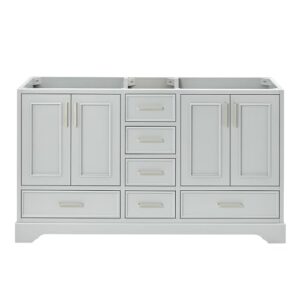 ariel stafford 60" grey bathroom vanity base cabinet, double sink configuration, 4 soft closing doors, 6 full extension dovetail drawers, brushed nickel