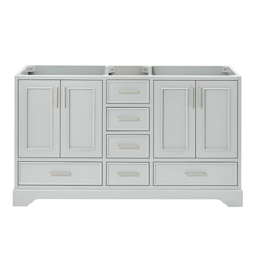 ARIEL Stafford 60" Grey Bathroom Vanity Base Cabinet, Double Sink Configuration, 4 Soft Closing Doors, 6 Full Extension Dovetail Drawers, Brushed Nickel