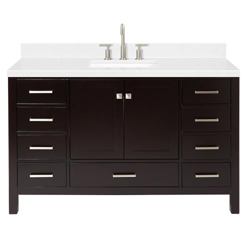 ARIEL Cambridge 54" Espresso Bathroom Vanity, 1.5" Edge Carrara White Quartz Countertop & Splash, Rectangular Sink, 2 Soft Closing Doors, 9 Full Extension Dovetail Drawers, Brushed Nickel