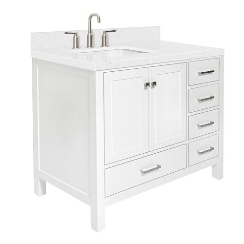 ARIEL Cambridge 42 Inch Bathroom Vanity with Sink, White Bathroom Vanity, Solid Wood Vanity Base Cabinet, Carrara White Quartz 1.5" Edge, Rectangular Single Sink, 2 Soft Closing Doors, 5 Drawers