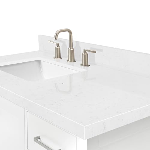 ARIEL Cambridge 42 Inch Bathroom Vanity with Sink, White Bathroom Vanity, Solid Wood Vanity Base Cabinet, Carrara White Quartz 1.5" Edge, Rectangular Single Sink, 2 Soft Closing Doors, 5 Drawers