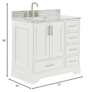 ARIEL Stafford 37 Inch Bathroom Vanity with Sink, White Bathroom Vanity, Solid Wood Vanity Base Cabinet, Carrara Marble Countertop, Left Rectangular Undermount Sink, 2 Soft Closing Doors, 5 Drawers