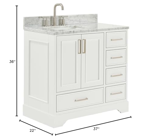 ARIEL Stafford 37 Inch Bathroom Vanity with Sink, White Bathroom Vanity, Solid Wood Vanity Base Cabinet, Carrara Marble Countertop, Left Rectangular Undermount Sink, 2 Soft Closing Doors, 5 Drawers