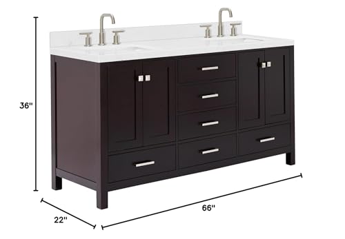 ARIEL Cambridge 66" Espresso Double Vanity, 1.5" Edge Carrara White Quartz Countertop & Splash, Rectangular Sinks, 4 Soft Closing Doors, 6 Full Extension Dovetail Drawers, Brushed Nickel