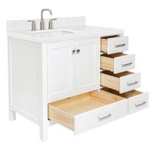 ARIEL Cambridge 42 Inch Bathroom Vanity with Sink, White Bathroom Vanity, Solid Wood Vanity Base Cabinet, Carrara White Quartz 1.5" Edge, Rectangular Single Sink, 2 Soft Closing Doors, 5 Drawers