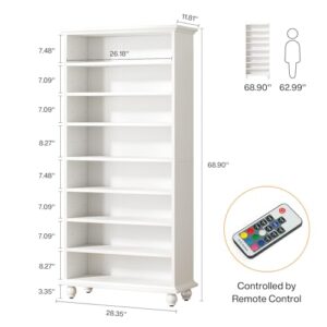 LITTLE TREE 69" Tall Shoe Storage Cabinet with LED Lighting, 9-Tier 30 Pairs Freestanding Shoes Display Cabinet with Solid Wood Legs for Entryway, White