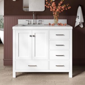 ARIEL Cambridge 42 Inch Bathroom Vanity with Sink, White Bathroom Vanity, Solid Wood Vanity Base Cabinet, Carrara White Quartz 1.5" Edge, Rectangular Single Sink, 2 Soft Closing Doors, 5 Drawers